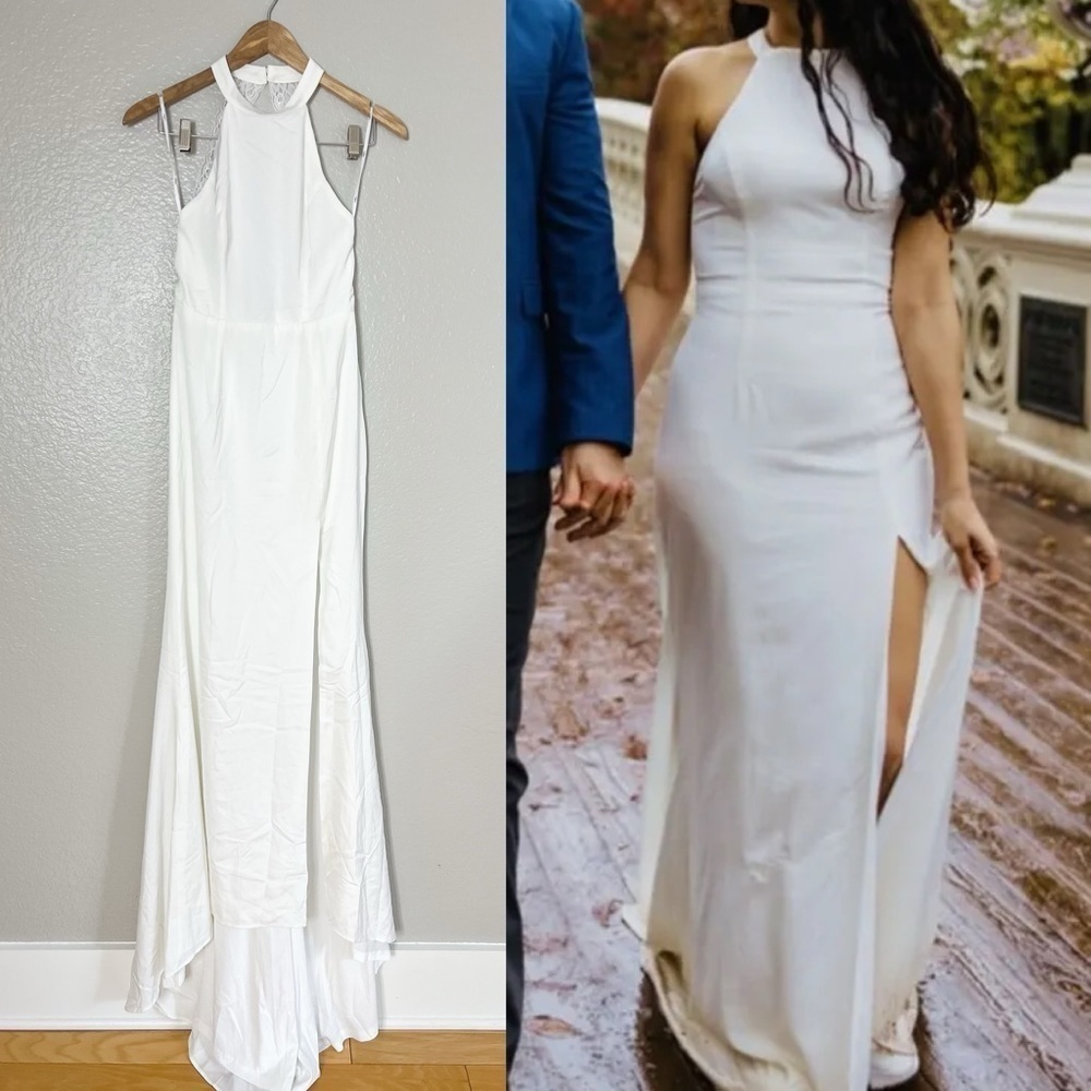 Radiant Adoration White Satin Lace Backless Halter Maxi Dress